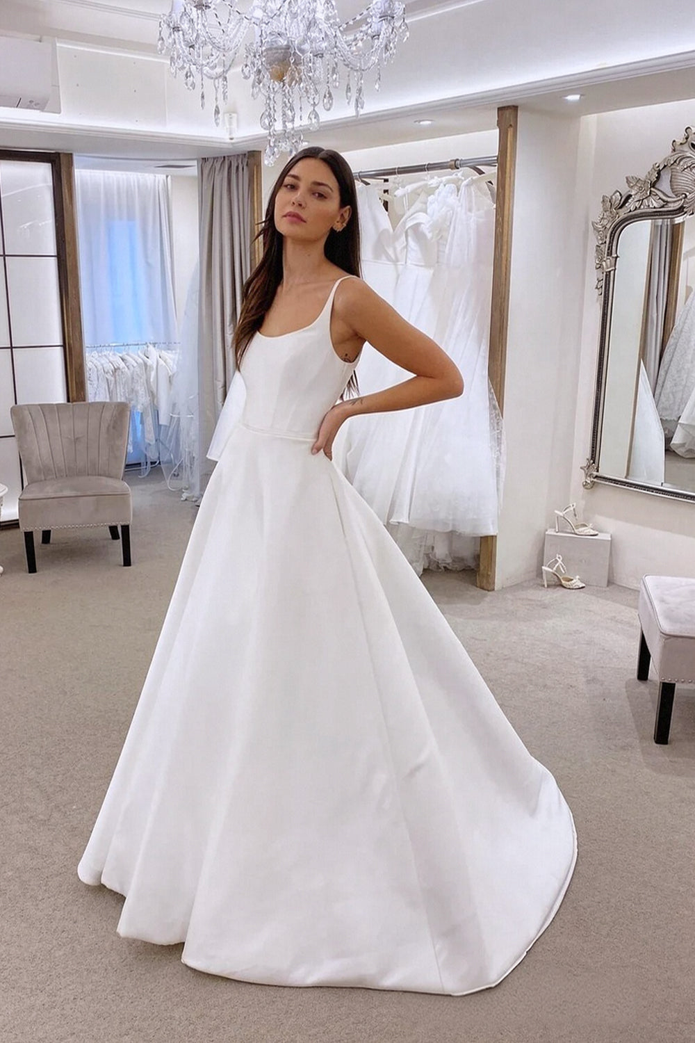 tank top wedding dress A-line Scoop Sleeveless White Satin Wedding Dress Bridal Gown US8 / Ivory