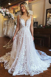 A-line Spaghetti Straps Applique Wedding Dress Backless Tulle Bridal Dress TN352