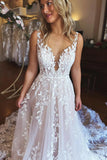 A-line Spaghetti Straps Applique Wedding Dress Backless Tulle Bridal Dress TN352-Tirdress