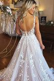 A-line Spaghetti Straps Applique Wedding Dress Backless Tulle Bridal Dress TN352-Tirdress