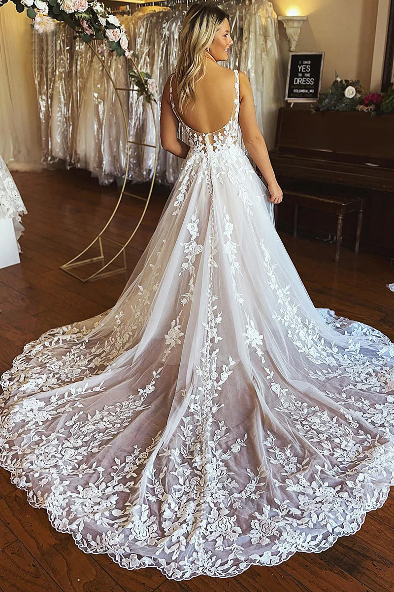A line Spaghetti Straps Applique Wedding Dress Backless Bridal Dress Tirdress