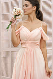 A-line Spaghetti Straps Off Shoulder Chiffon Blush Bridesmaid Dress-Tirdress