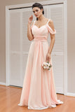A-line Spaghetti Straps Off Shoulder Chiffon Blush Bridesmaid Dress-Tirdress