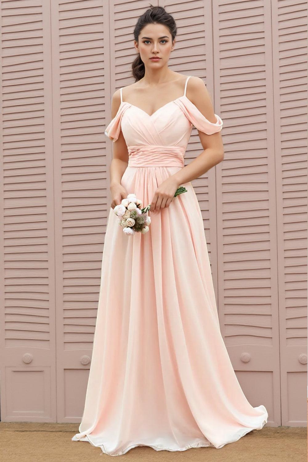 A-line Spaghetti Straps Off Shoulder Chiffon Blush Bridesmaid Dress US8 / Custom Color