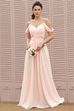 A-line Spaghetti Straps Off Shoulder Chiffon Blush Bridesmaid Dress-Tirdress