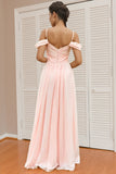 A-line Spaghetti Straps Off Shoulder Chiffon Blush Bridesmaid Dress-Tirdress