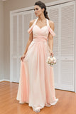 A-line Spaghetti Straps Off Shoulder Chiffon Blush Bridesmaid Dress-Tirdress