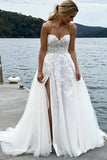 A-line Spaghetti Straps Sleeveless Split Beach Wedding Dress TD0024
