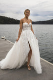A-line Spaghetti Straps Sleeveless Split Beach Wedding Dress TD0024