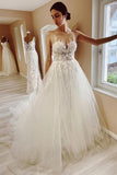 A-line Tulle Sheer Neck Beach Wedding Dress With Lace Appliques TN378-Tirdress