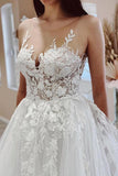 A-line Tulle Sheer Neck Beach Wedding Dress With Lace Appliques TN378-Tirdress