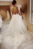 A-line Tulle Sheer Neck Beach Wedding Dress With Lace Appliques TN378-Tirdress