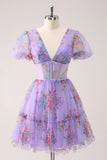 A-line V Neck Puff Sleeve Purple Floral Homecoming Dress Party Dress-Tirdress