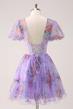 A-line V Neck Puff Sleeve Purple Floral Homecoming Dress Party Dress-Tirdress