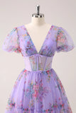 A-line V Neck Puff Sleeve Purple Floral Homecoming Dress Party Dress-Tirdress