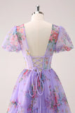 A-line V Neck Puff Sleeve Purple Floral Homecoming Dress Party Dress-Tirdress