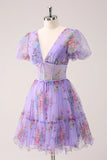 A-line V Neck Puff Sleeve Purple Floral Homecoming Dress Party Dress-Tirdress