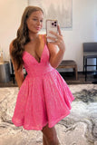 A-line V Neck Sequin Pink Homecoming Dresses Short Prom Dresses HD0200