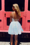 A-line V Neck Sequin Pink Homecoming Dresses Short Prom Dresses HD0200