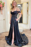 A Line Cold-Shoulder Sequined Lace Black Prom Dress With Slit TP1303