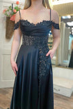 A Line Cold-Shoulder Sequined Lace Black Prom Dress With Slit TP1303-Tirdress