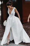 A Line Deep V Neck Open Back White Long Wedding Dresses Bridal Gown TN359