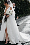 A Line Deep V Neck Open Back White Long Wedding Dresses Bridal Gown TN359-Tirdress