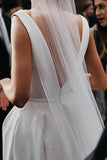 A Line Deep V Neck Open Back White Long Wedding Dresses Bridal Gown TN359-Tirdress