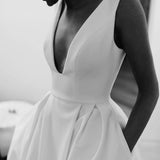 A Line Deep V Neck Open Back White Long Wedding Dresses Bridal Gown TN359-Tirdress