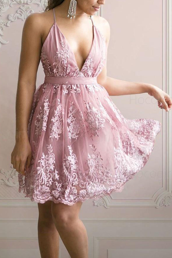 A Line Lace Appliqued V-neck Short Homecoming Dress HD0103-Tirdress