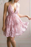 A Line Lace Appliqued V-neck Short Homecoming Dress HD0103