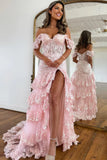 A Line Lace Tiered Stunning Pink Prom Dress With Split TP1239