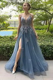 A Line Spaghetti Straps Corset Back Split Long Prom Dress TP1287-Tirdress