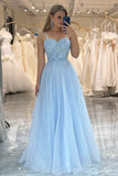 A Line Spaghetti Straps Lace Up Tulle Blue Prom Dress With Appliques TP1257-Tirdress