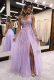 A Line Spaghetti Straps Lilac Long Prom Dress with Appliques TP1245