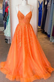 A Line Spaghetti Straps Orange Corset Prom Dress with Appliques TP1269