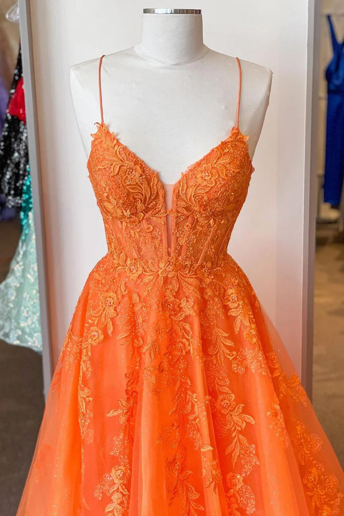 Vintage Orange A-Line Spaghetti Strap Sequined Floral Train Classy Prom Dress