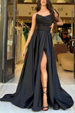 A Line Strapless Satin Black Prom Dress Party Dress With Slit TP1425