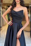 A Line Strapless Satin Black Long Prom Dresses Party Dress With Slit TP1425-Tirdress