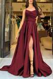 A Line Strapless Satin Black Long Prom Dresses Party Dress With Slit TP1425-Tirdress