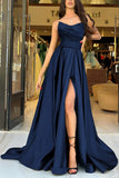 A Line Strapless Satin Black Long Prom Dresses Party Dress With Slit TP1425-Tirdress