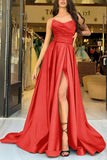 A Line Strapless Satin Black Long Prom Dresses Party Dress With Slit TP1425-Tirdress