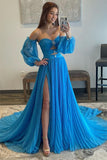 A Line Sweetheart Blue Long Chiffon Prom Dress with Split TP1289-Tirdress