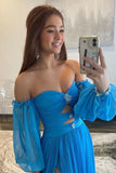 A Line Sweetheart Blue Long Chiffon Prom Dress with Split TP1289-Tirdress