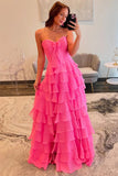 A Line Sweetheart Chiffon Tiered Pink Prom Dress with Bow TP1348-Tirdress