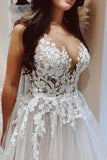 A Line V-neck Tulle Lace Appliques Beach Wedding Dresses Bridal Gown TN380-Tirdress