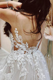 A Line V-neck Tulle Lace Appliques Beach Wedding Dresses Bridal Gown TN380-Tirdress