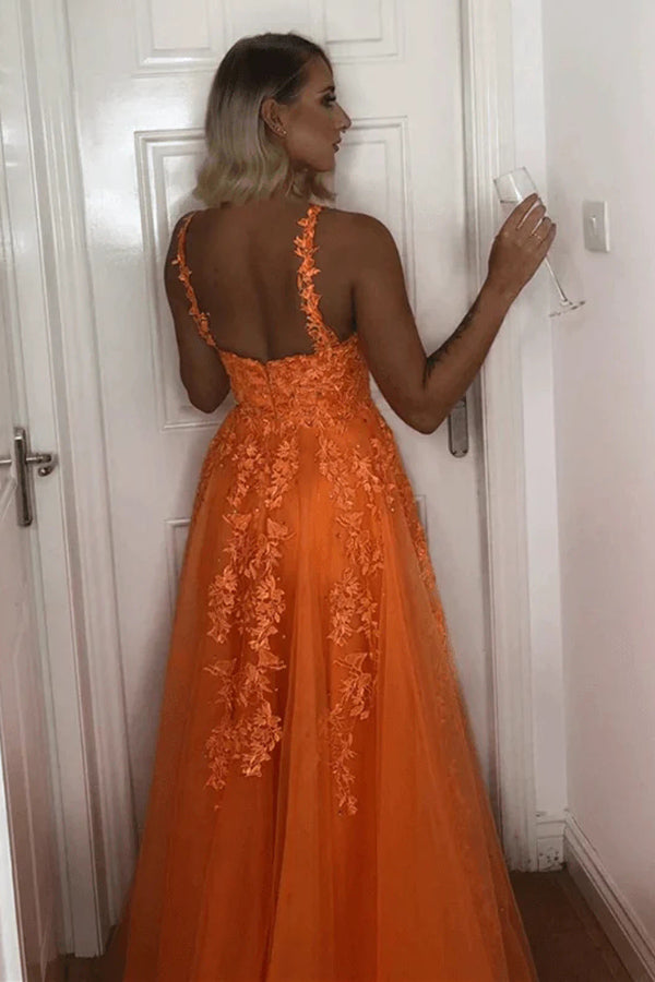 A Line V Neck Backless Lace Appliques Orange Prom Dresses TP1104 US4 / Custom Color A Line V Neck Backless Lace Appliques Orange Prom Dresses TP1104 US4 / Custom Color