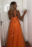 A Line V Neck Backless Lace Appliques Orange Prom Formal Dresses TP1104-Tirdress