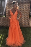 A Line V Neck Backless Lace Appliques Orange Prom Formal Dresses TP1104-Tirdress